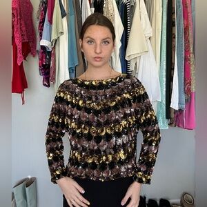 Vintage Silk Sequin Top Black Gold Bronze 80s Glam Size L
